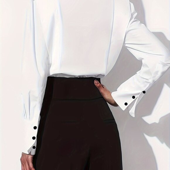 🟡 Elegant Black and White Long Sleeve Blouse with Contrast Trim Button Front - Picture 5 of 5
